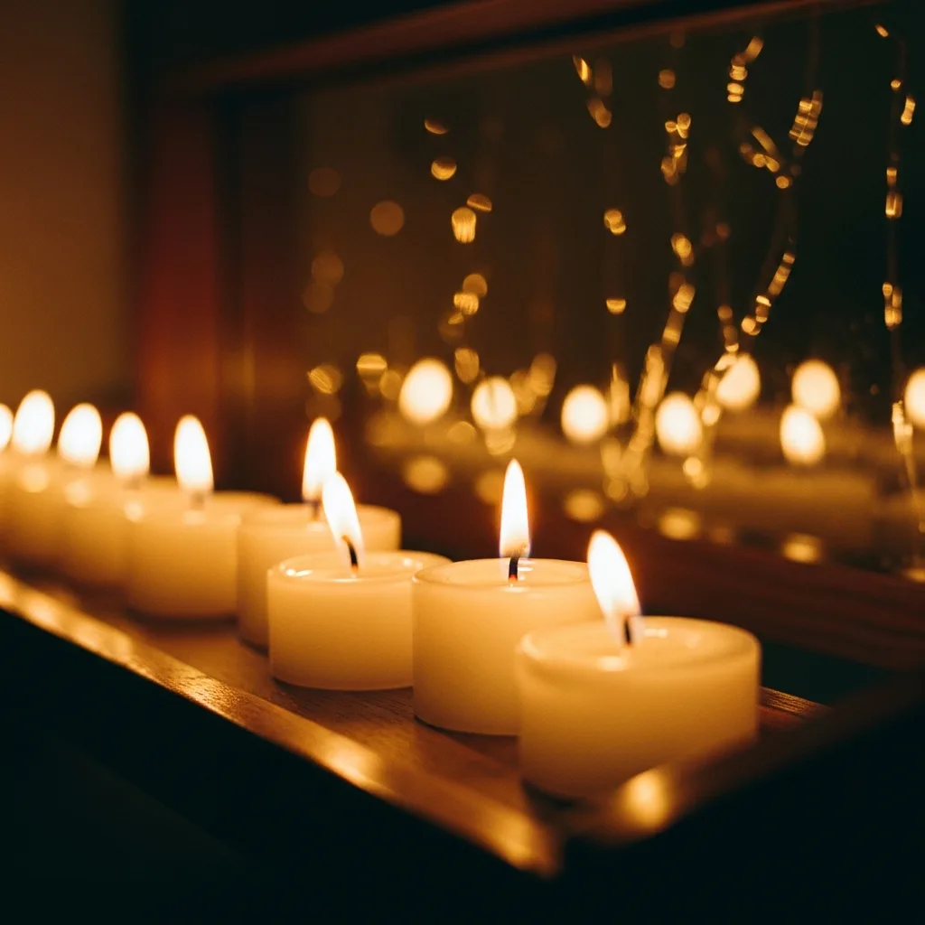 Candele bianche accese insieme su un altare di legno