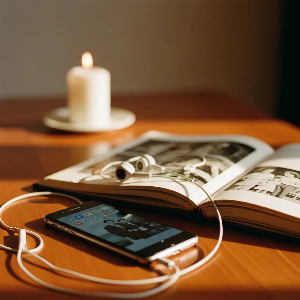 Smartphone con cuffie accanto a un album di foto e una candela accesa